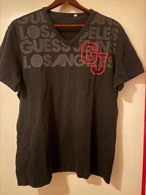 GUESS Black V-Neck Short Sleeve Tee with Red CJ Logo
